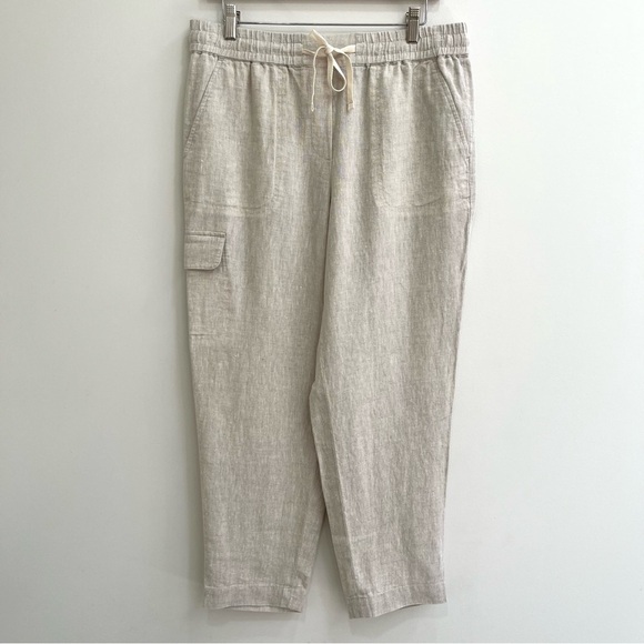 TALBOTS Washed 100% Linen Easy Slim Leg Cropped Pull On Pants Oatmeal Tan Medium - Picture 1 of 12